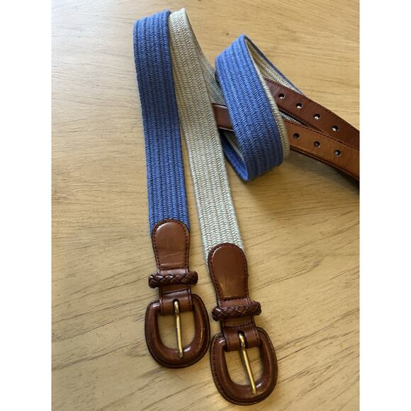 2- Talbots Womens Belt XL Braided Woven Cotton Genuine Leather Buckle Blue Beige - Picture 2 of 9